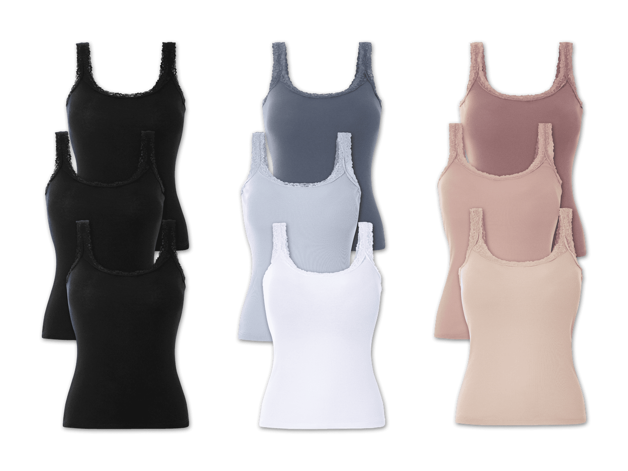 Sechs Paar Damen-Tanktops in verschiedenen Farben mit Spitzenbesatz.