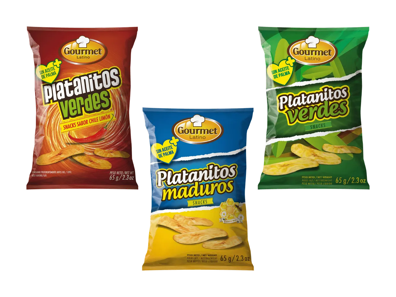 Trois sacs de snacks Gourmet Latino Platanitos, y compris les saveurs vertes, maduros et piment-citron vert.