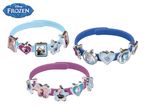 Three Frozen-themed charm bracelets in blue, purple, and pink.