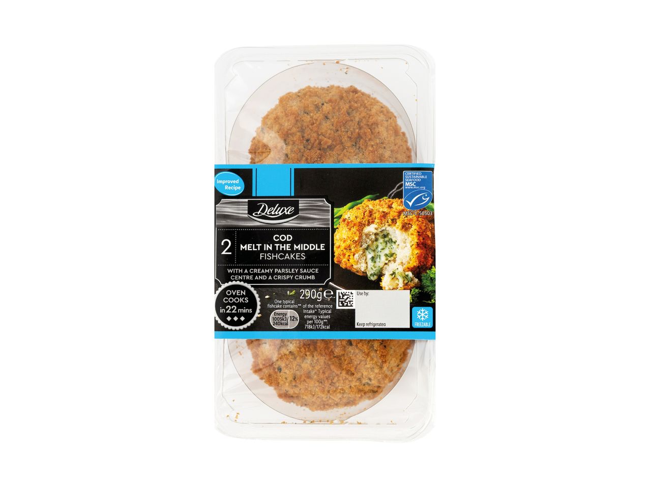 Two cod melt-in-the-middle fishcakes with a creamy parsley sauce centre and a crispy crumb.