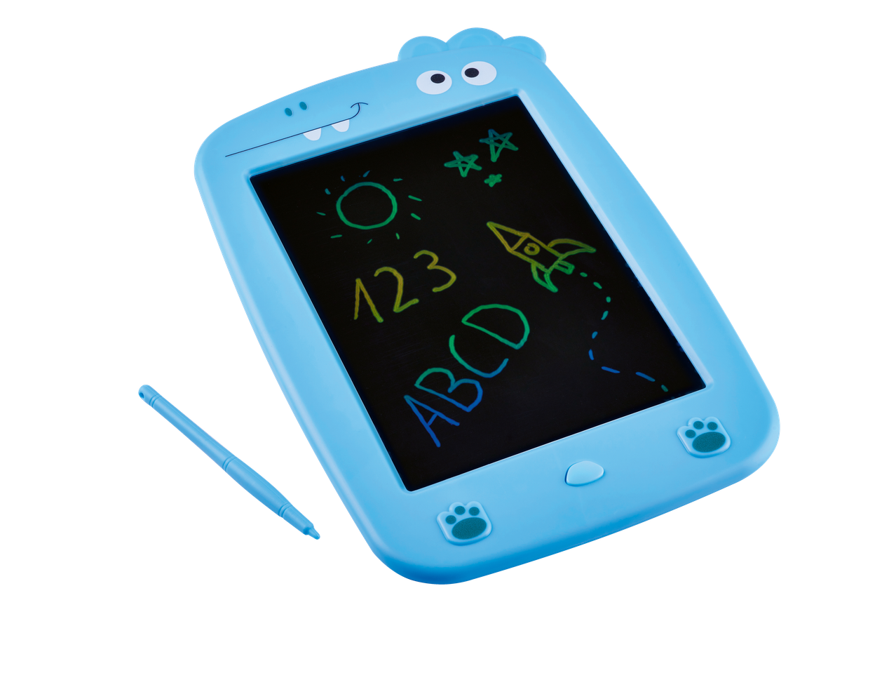 Tronic LCD Writing Tablet in blue, with a dinosaur design and colorful drawings on the screen.