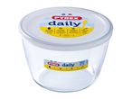 Clear glass food container with a white lid, featuring cooking and storage instructions.