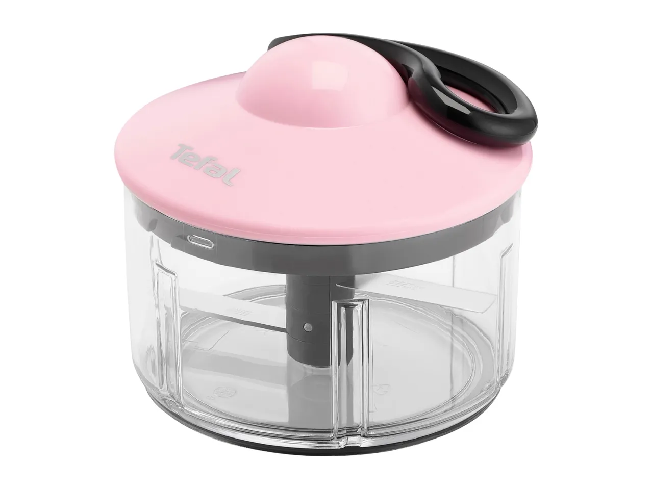 Manual food chopper with a pink lid, black pull handle, and clear container.