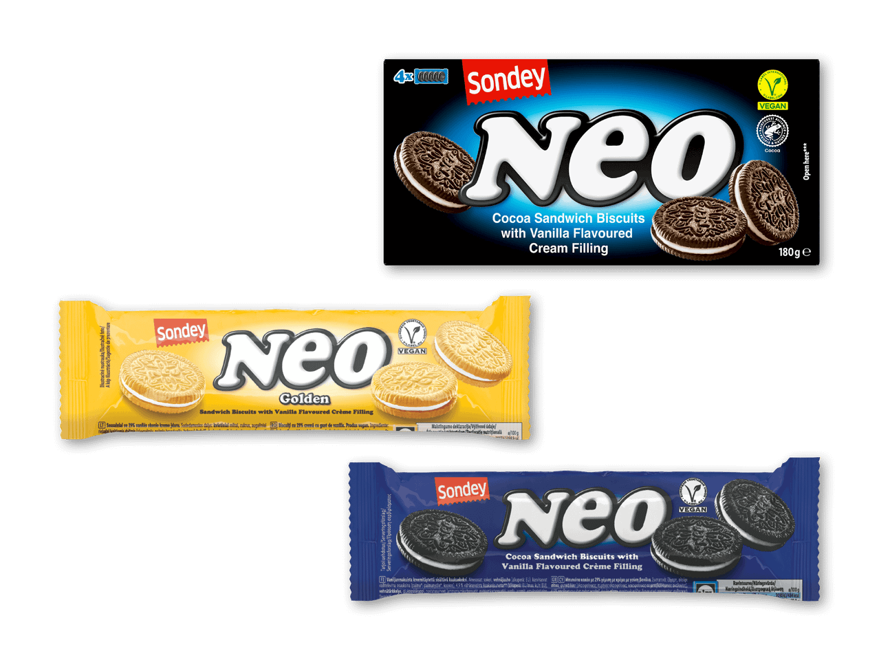 Tre pakker sandwichkiks med vaniljesmag, to med kakaokiks og en med gyldne kiks.