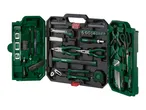 Open tool kit with various hand tools including screwdrivers, pliers, hammer, measuring tape, and utility knife.