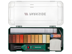 Parkside® lamināta un parketa remonta komplekts ar vaskiem un instrumentiem atvērtā kastē.