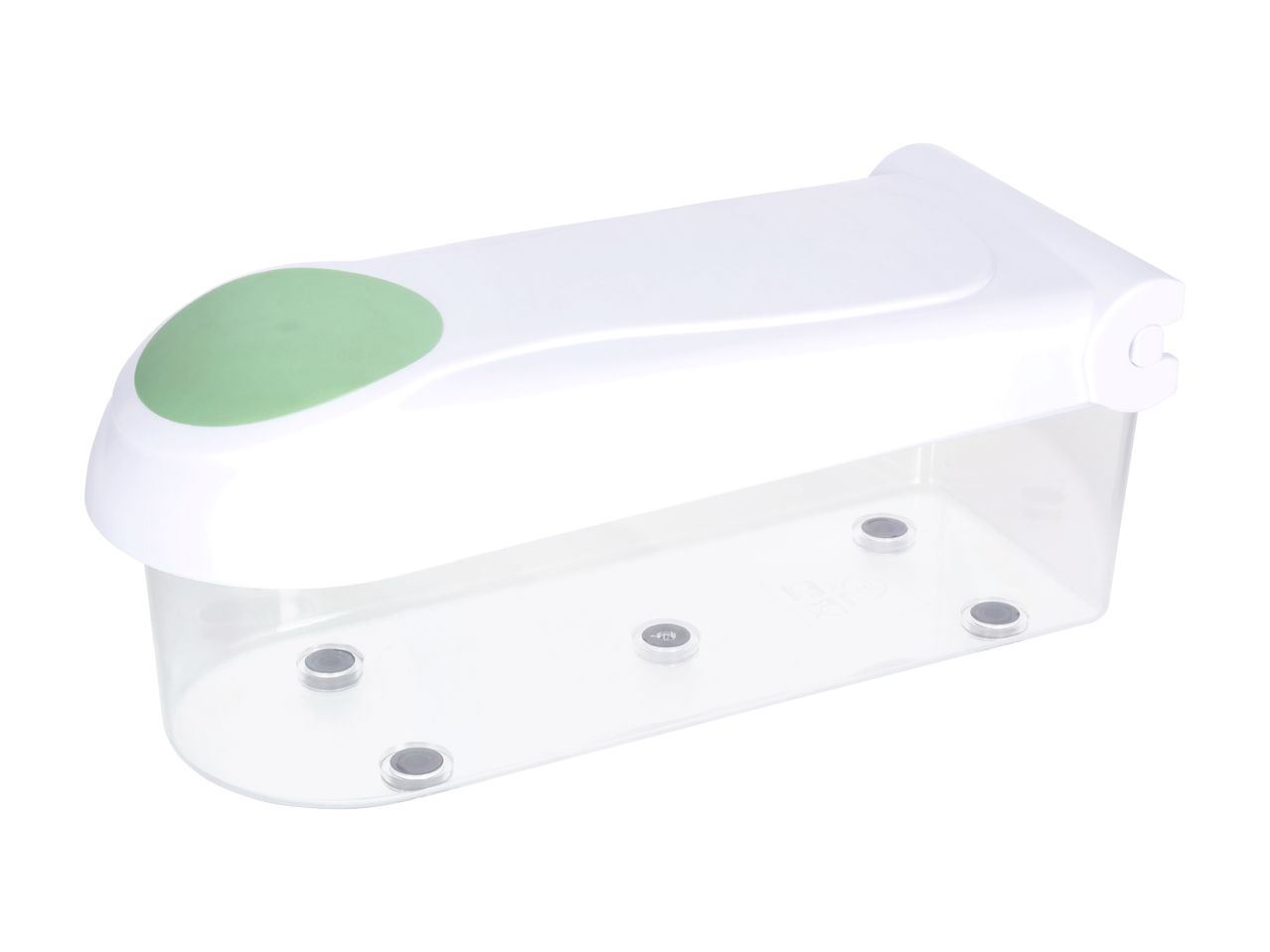 White and green kitchen gadget with a clear container, possibly a garlic press or chopper.