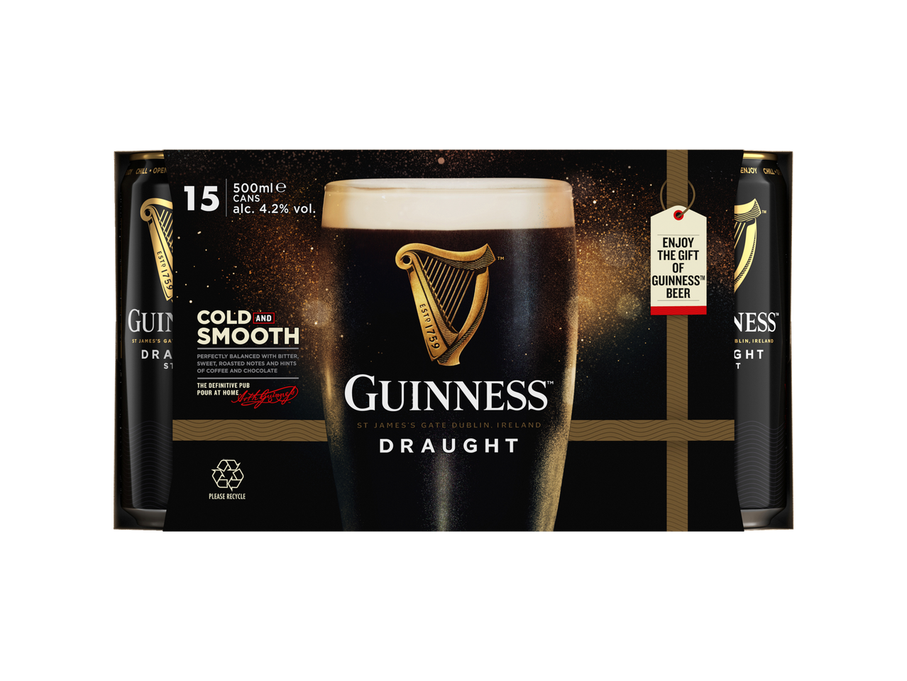 Guinness Draught Stout 15-pack of 500ml cans, 4.2% vol., with 'Cold and Smooth' description.
