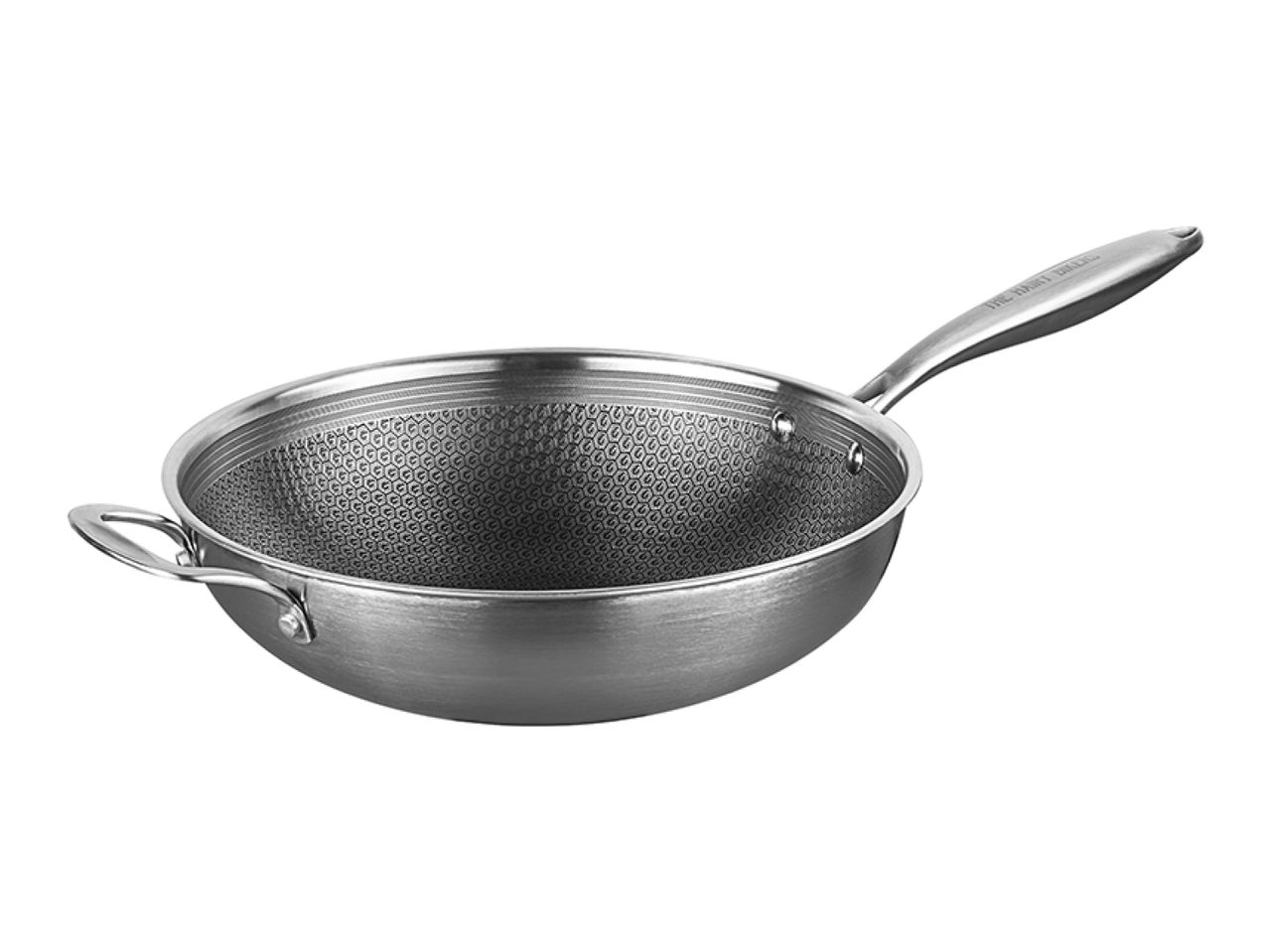A stainless steel wok with a long handle and two small side handles.