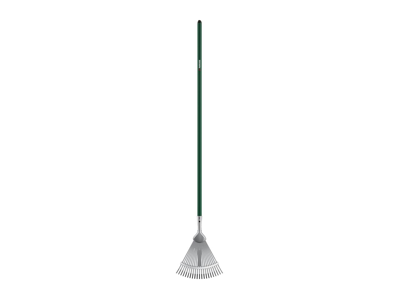 A green-handled garden rake with silver tines.