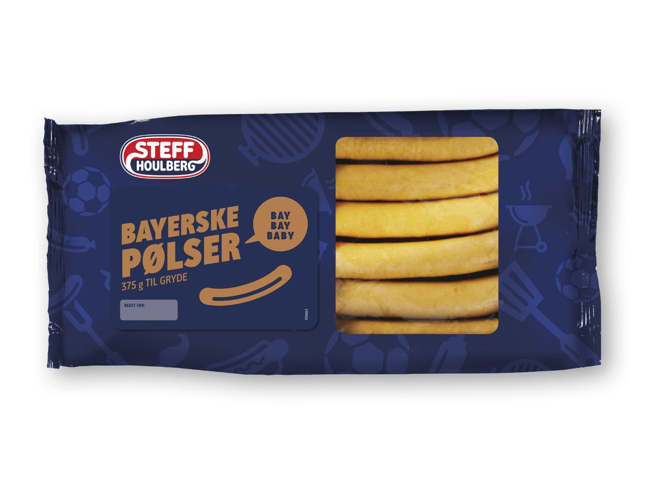 Steff Houlberg Bayerske Pølser, 375g, i en blå pakke.