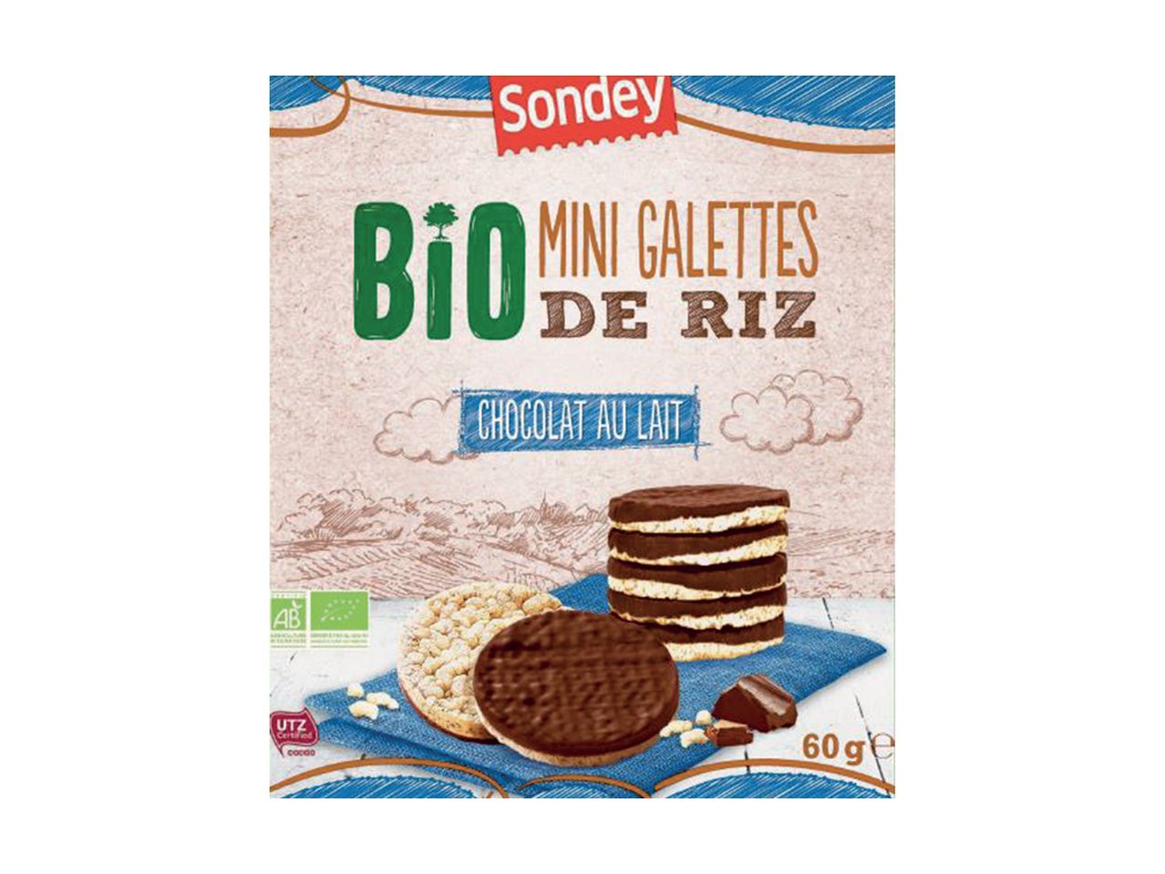 Mini galettes de riz Sondey Bio au chocolat au lait.