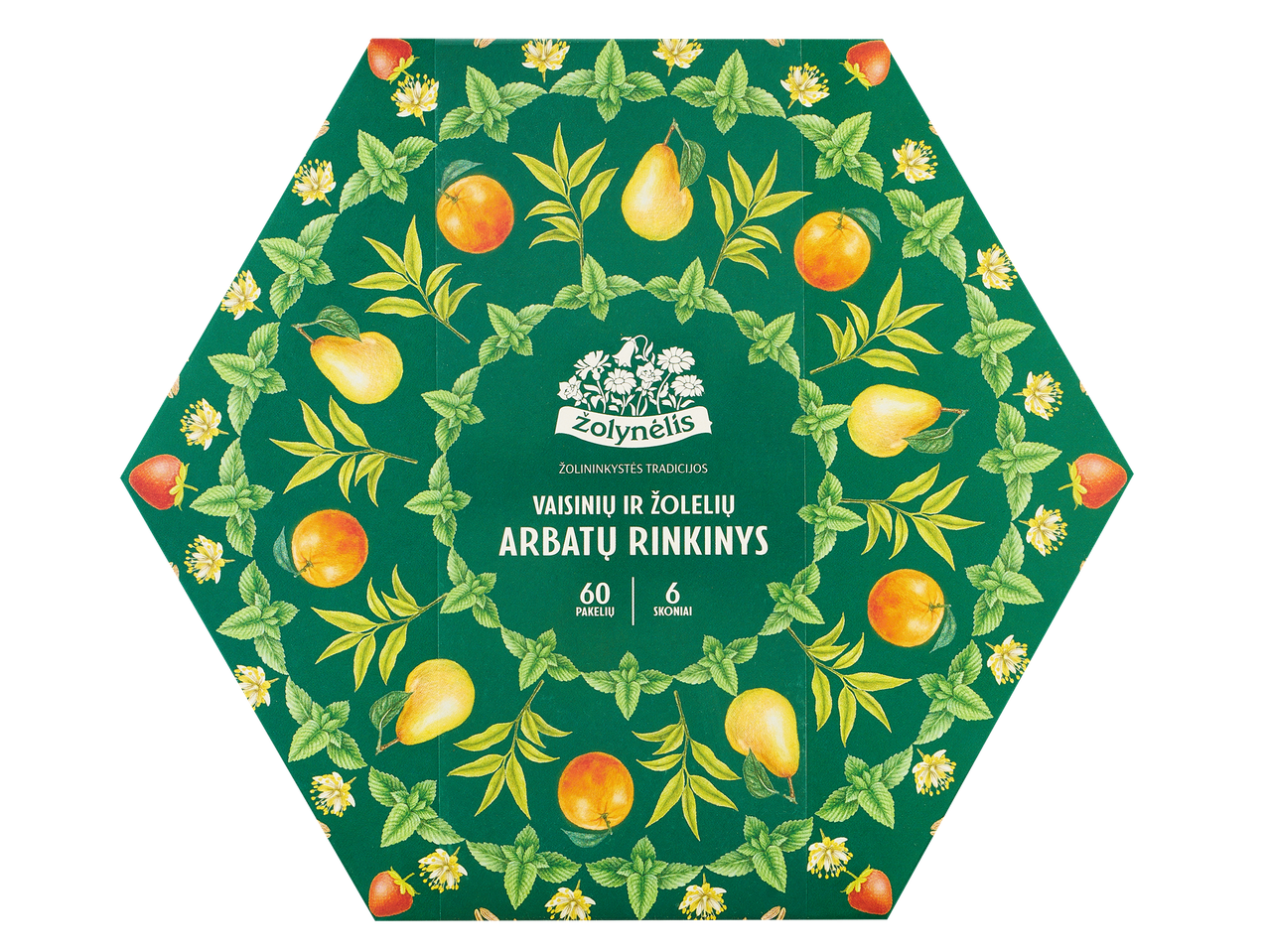 Žolynėlis vaisinių ir žolelių arbatų rinkinys su kriaušėmis, apelsinais ir mėtomis.