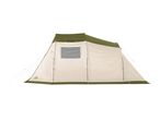A large, cream and olive green family tent with a window, set up against a white background.