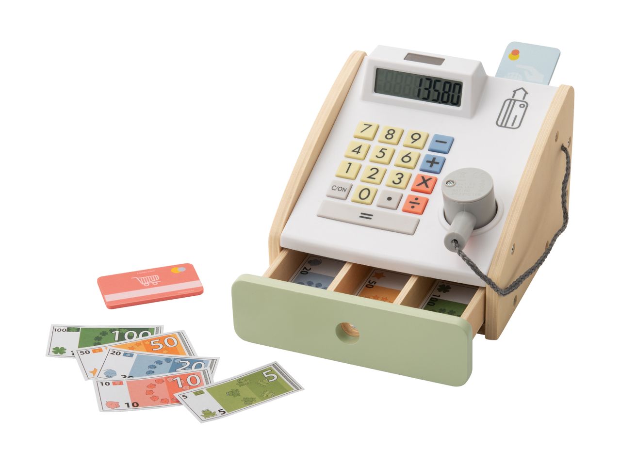 Wooden toy cash register with play money and credit cards