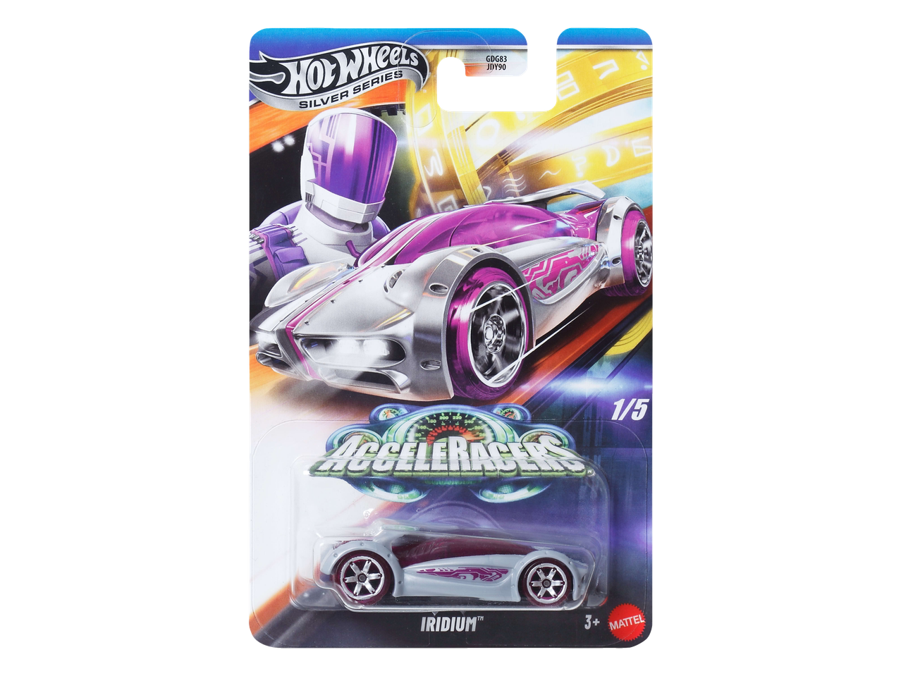 HOT WHEELS® Acceleracers Silver Series Iridium žaislinis automobilis pakuotėje.