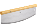 Grillmeister pizza cutter with a wooden handle and curved stainless steel blade.