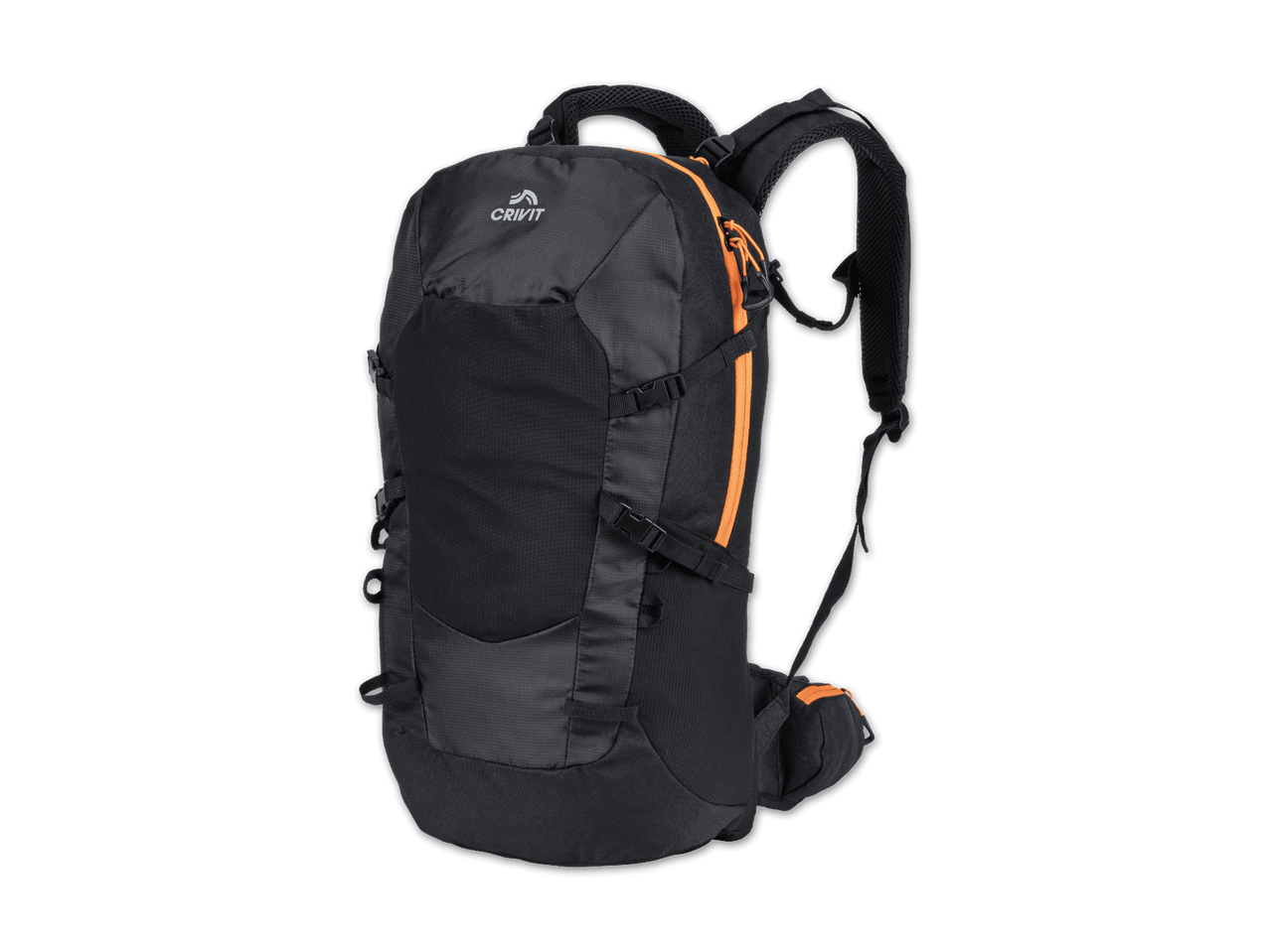 Schwarzer Wanderrucksack mit orangefarbenen Reißverschlüssen vor schwarzem Hintergrund.
