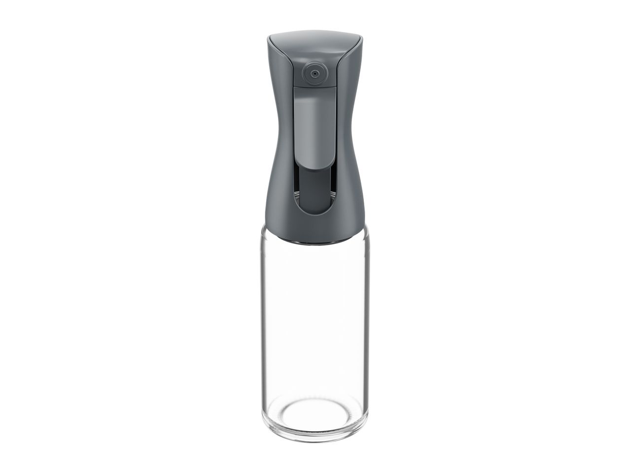 A clear glass spray bottle with a gray top and handle.