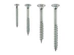 Four silver wood screws of varying lengths, arranged from shortest to longest.