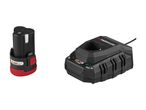 A black and red 12V battery and a black battery charger with indicator lights.