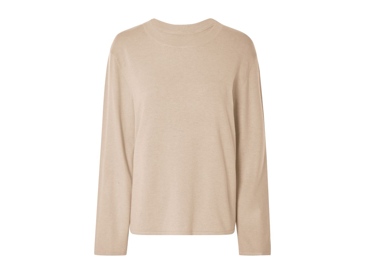 A plain beige long-sleeved sweater with a crew neck.