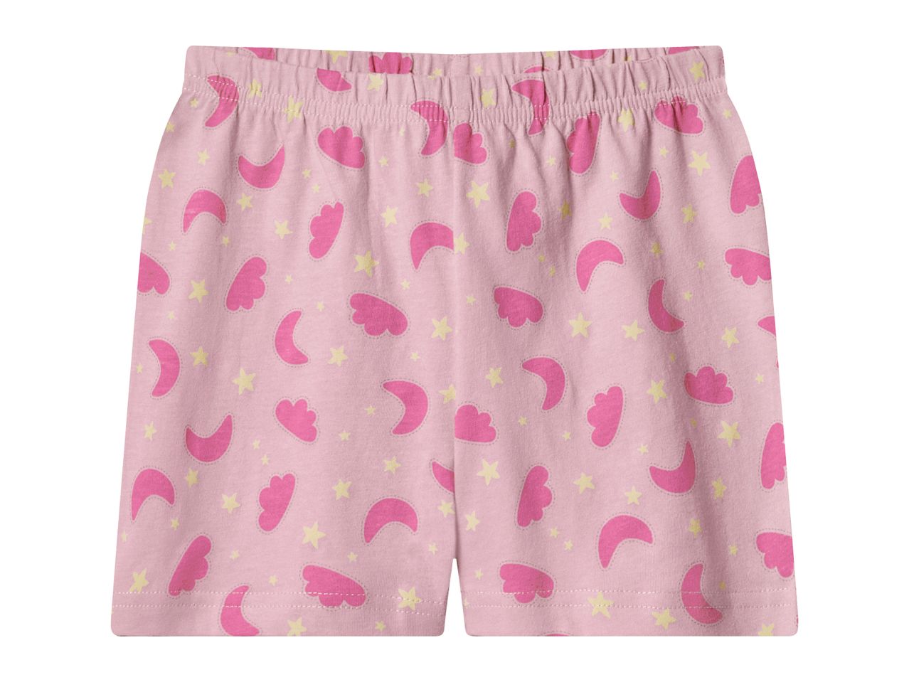 Pink children's shorts with moon, cloud, and star patterns.