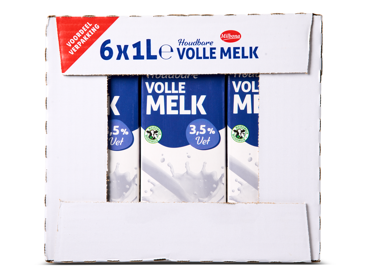 Een doos met zes pakken houdbare volle melk, elk met 3,5% vet.