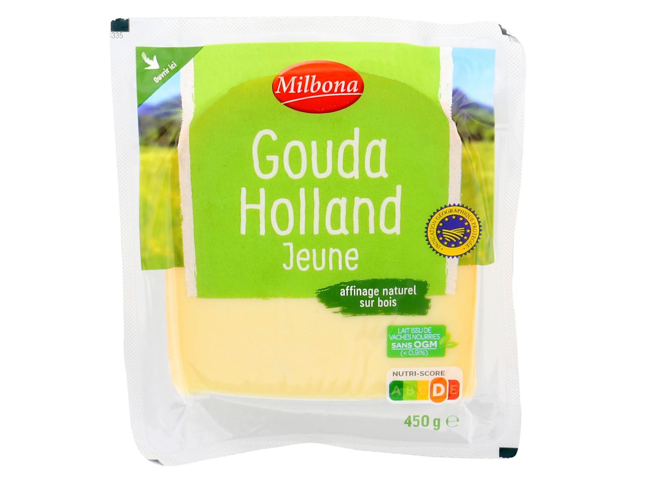 Un paquet de fromage Gouda Holland Jeune Milbona de 450g.