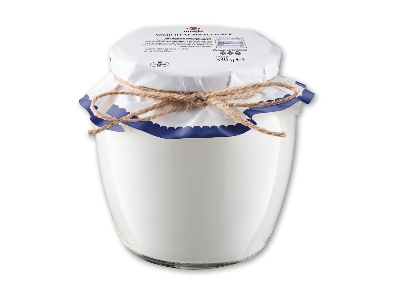 Yoghurt af bøffelmælk i glas med papir og snor, 530g.