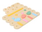 Wooden shape sorter with colorful geometric pieces and pegs for toddlers.