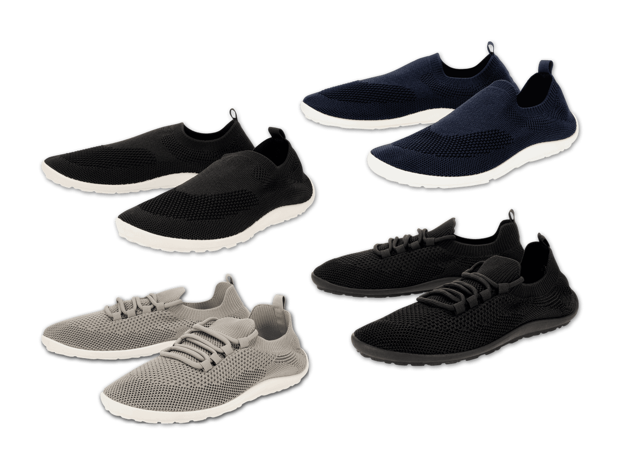 Vier Paar gestrickte Sneaker in Schwarz, Grau und Dunkelblau, zwei davon zum Schnüren.