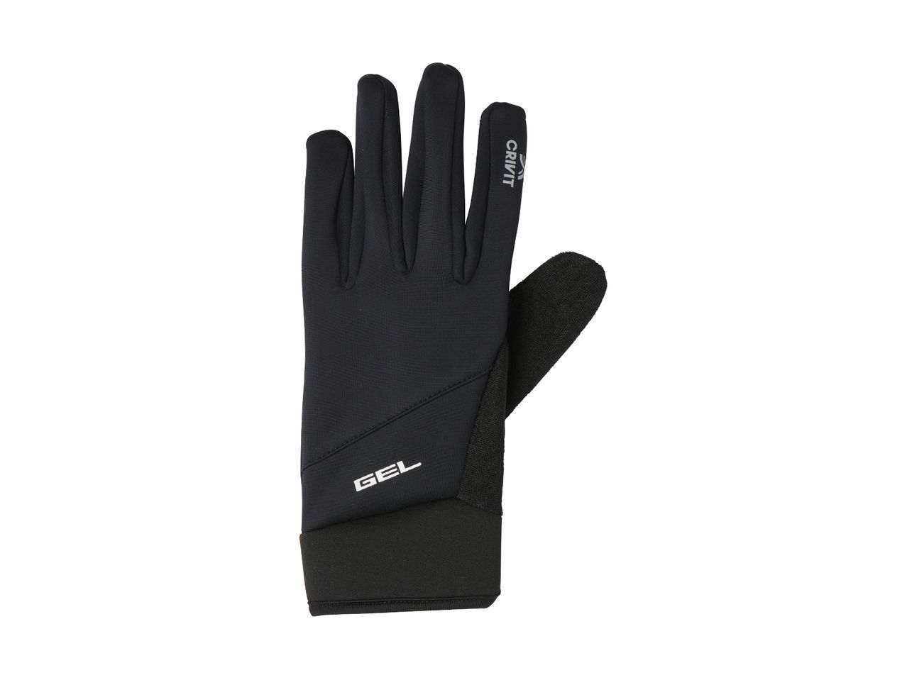 Black sports gloves with 'CRIVIT' and 'GEL' text, designed for active wear.