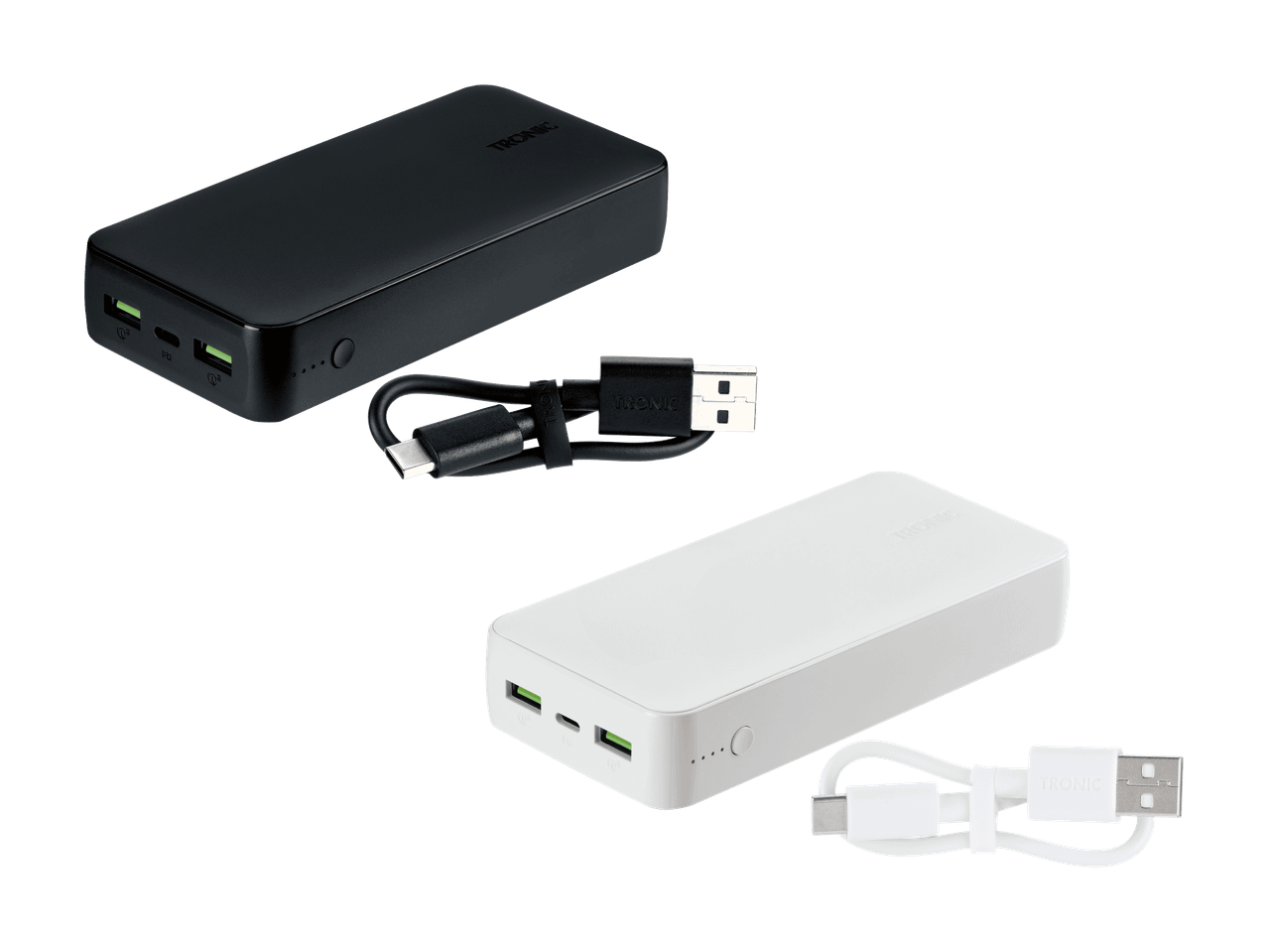 Zwei rechteckige Powerbanks, eine schwarze und eine weiße, mit ihren USB-Ladekabeln.