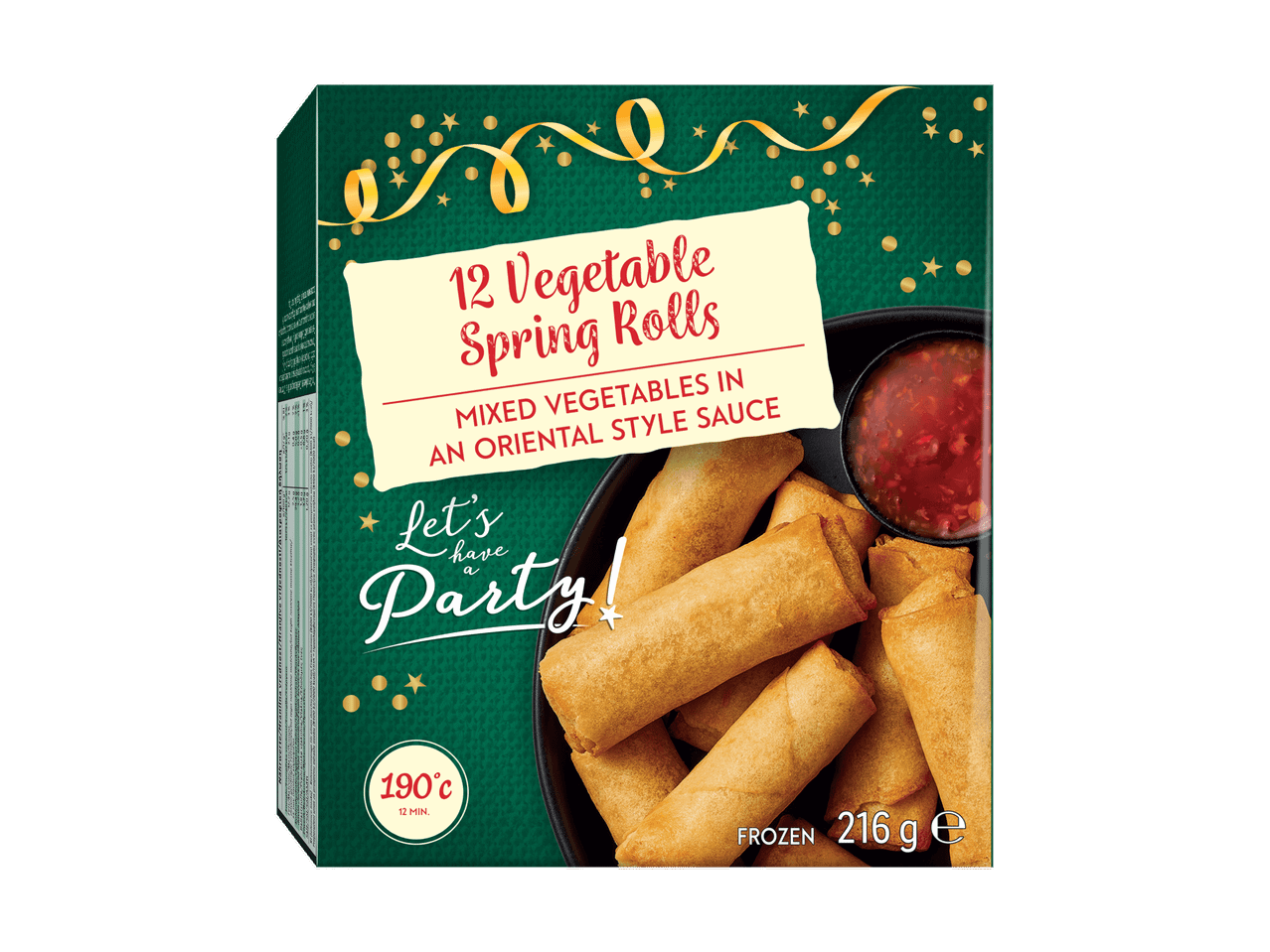 Packung mit 12 tiefgekühlten Gemüse-Frühlingsrollen mit Dip, bereit für eine Party.