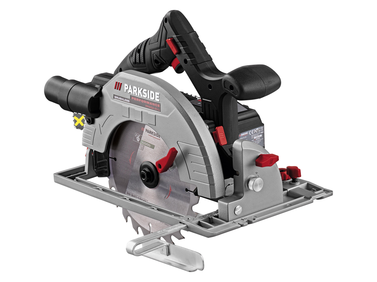 Körfűrész fa vágásához, szürke és fekete színben, piros gombokkal.