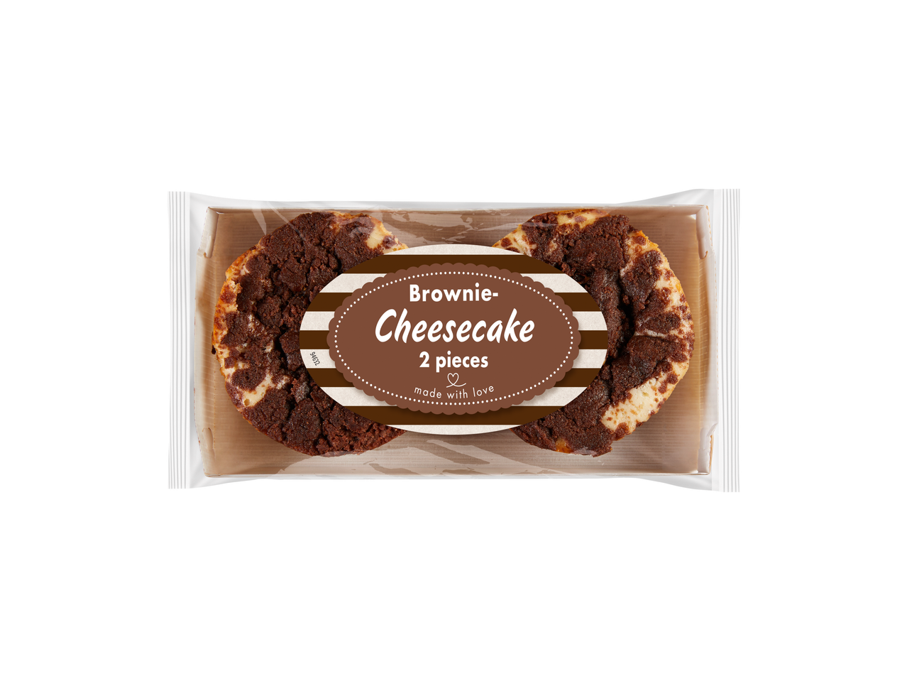 Twee brownie-cheesecakes in doorzichtige verpakking met een etiket 'Brownie-Cheesecake, 2 stuks, made with love'.