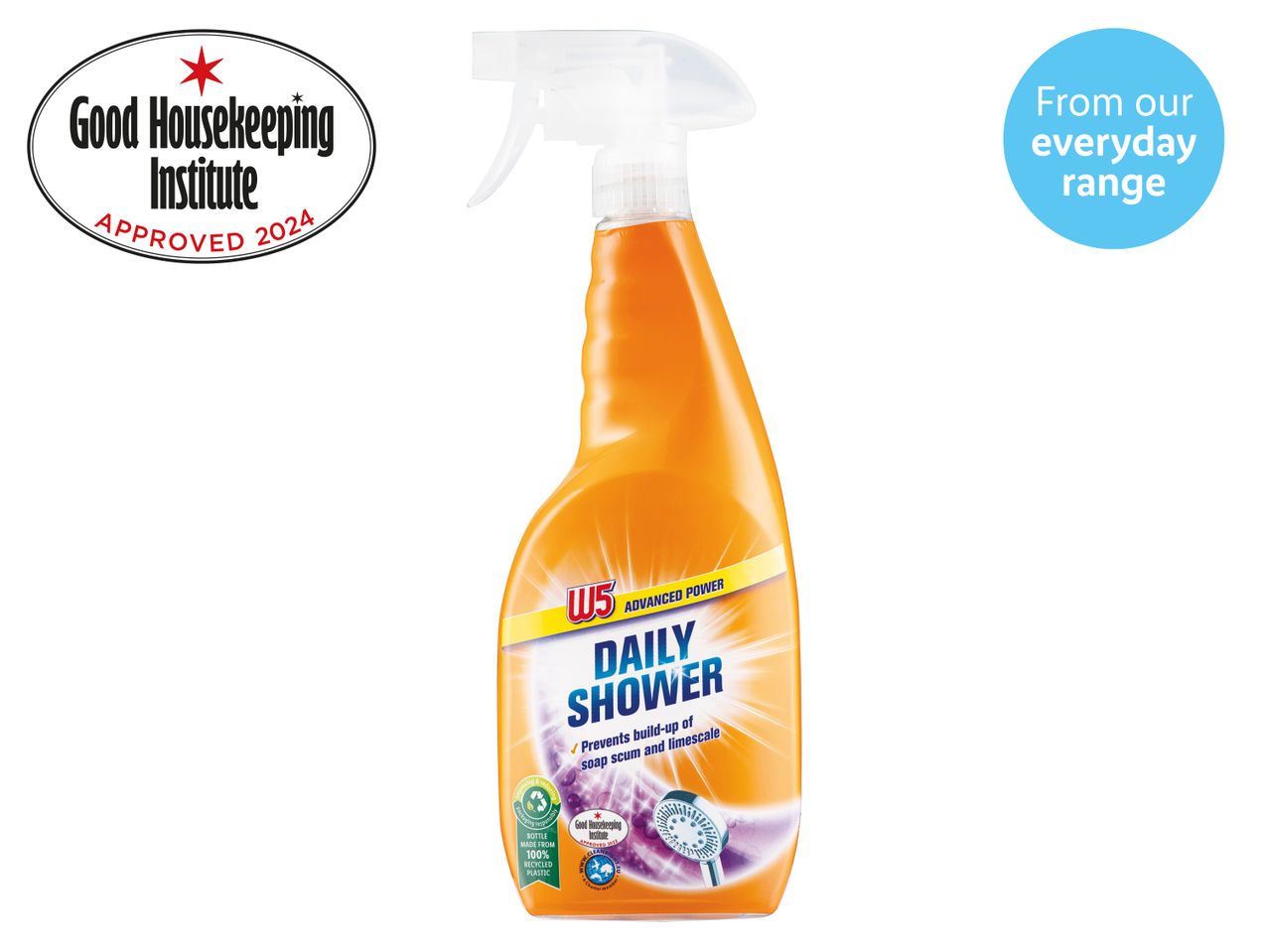 W5 Daily Shower cleaner: cleans and prevents limescale build-up. Good Housekeeping Institute Approved 2024.