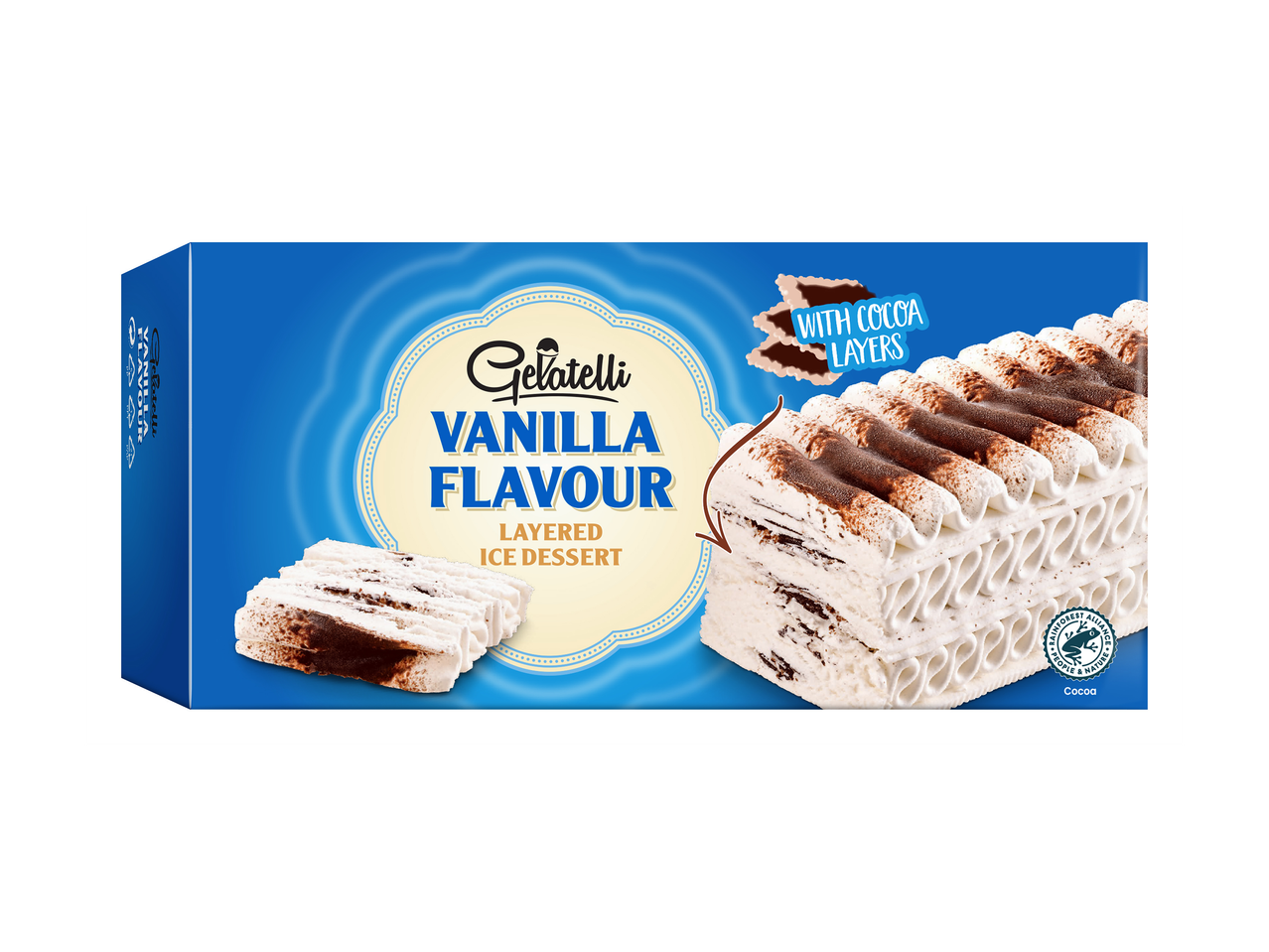 Vanille-ijs dessert met cacaolagen in een blauwe verpakking.