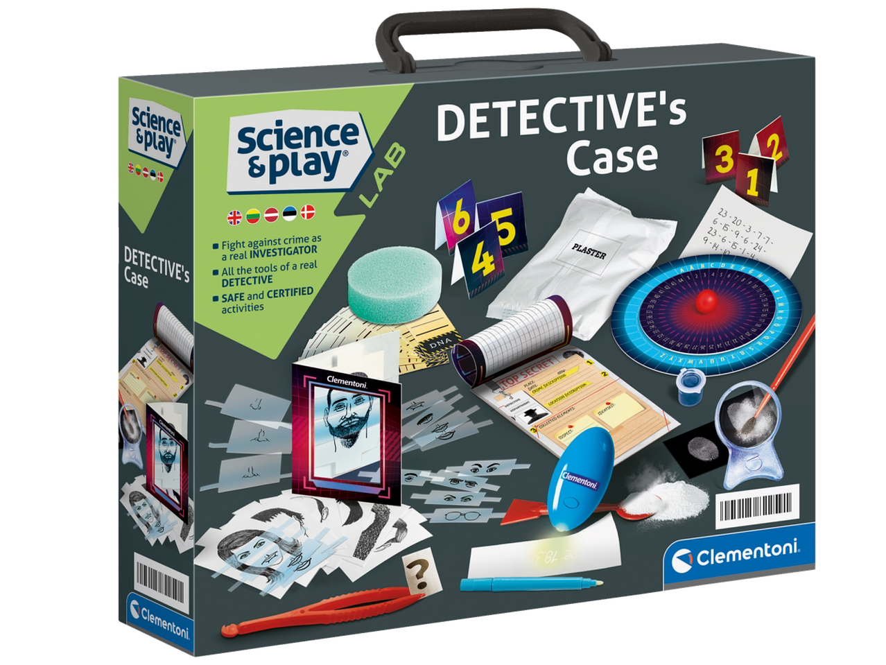 Clementoni Science & Play detektyvo rinkinys su įvairiais tyrimo įrankiais.