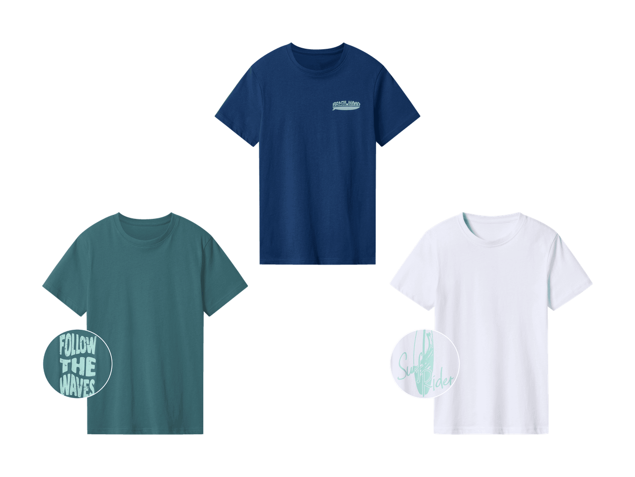 Trois t-shirts : bleu avec 'Beach Mood', vert avec 'Follow the Waves', blanc avec 'Surf Rider'.