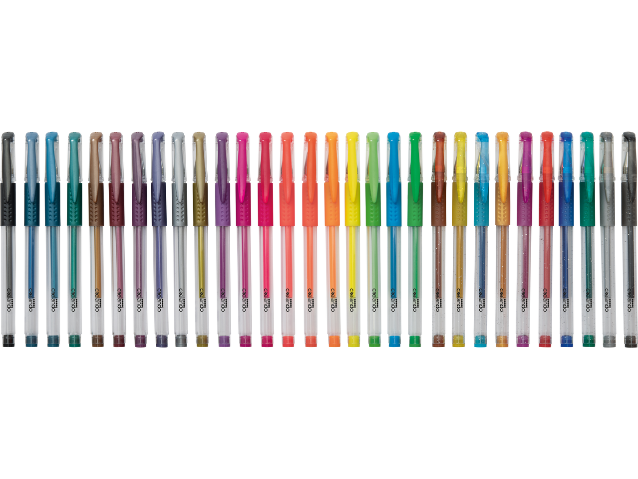Coleção de canetas gel Crelando, cores metálicas e neon.