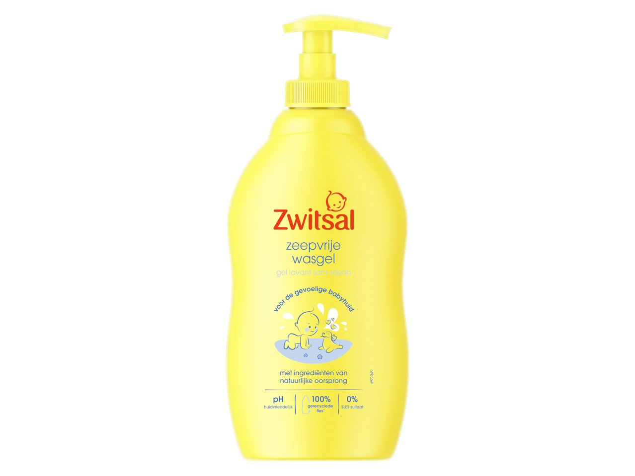 Gel lavant sans savon Zwitsal pour peaux sensibles de bébé dans un flacon pompe jaune.