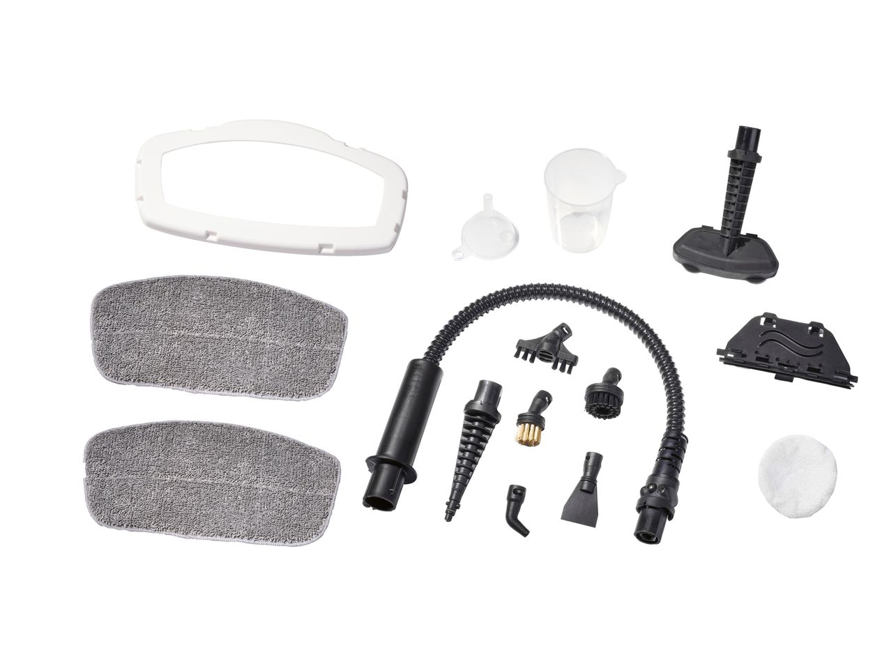 A steam cleaner accessory kit with various cleaning tools and filters.