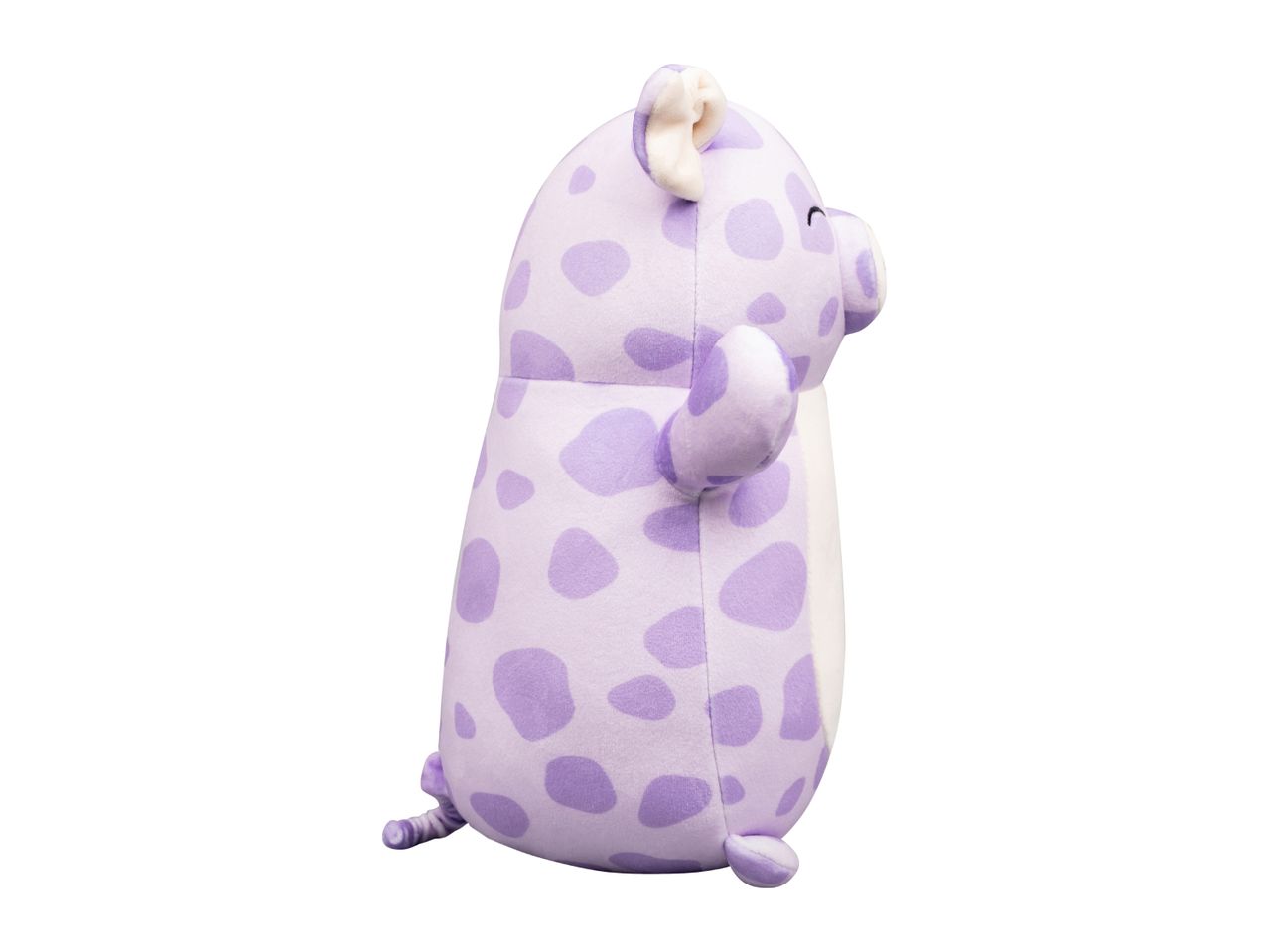 Purple spotted pig plush toy, side view