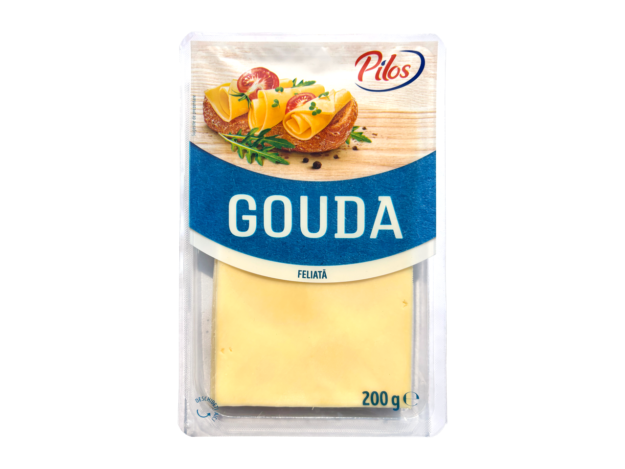 Ambalaj de brânză Gouda feliată Pilos, cu imaginea unei tartine cu brânză.
