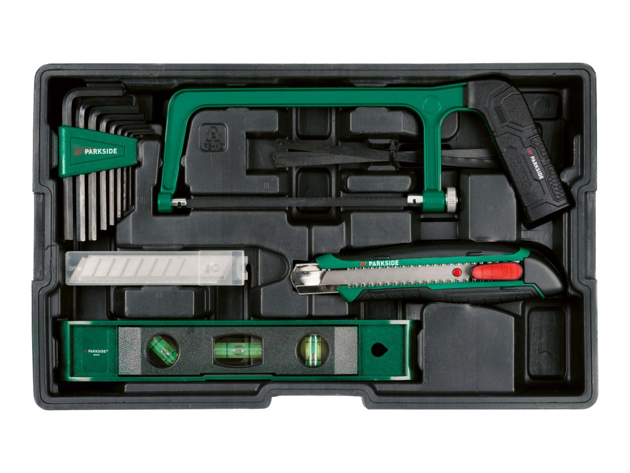 Tool set with hex keys, saw, utility knife, and spirit level in a black case.