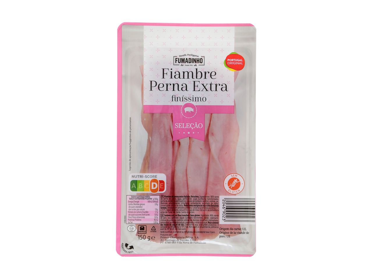 Fiambre Perna Extra Finíssimo FUMADINHO, uma receita portuguesa, com Nutri-Score D e selo sem glúten.
