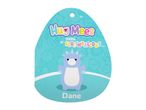A blue plush toy tag featuring a light blue dragon character named Dane, with a white belly and horns.