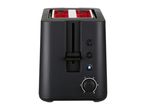 A black two-slice toaster with red accents.
